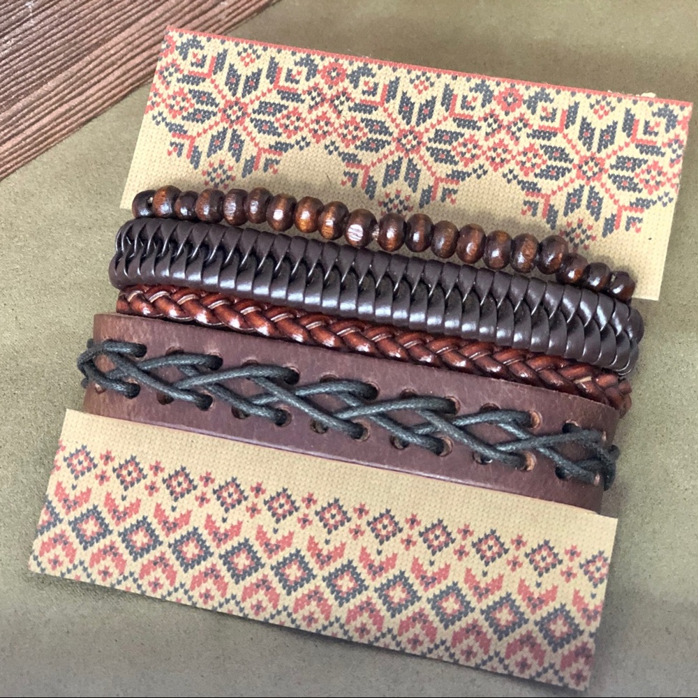 Leather Layered Bracelet 4-Piece Set - Brown